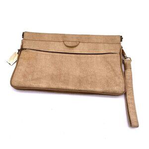 Zenith Women's Tan Hand Made Leather Zipper Pockets Gold Metal Tag Clutch Bag